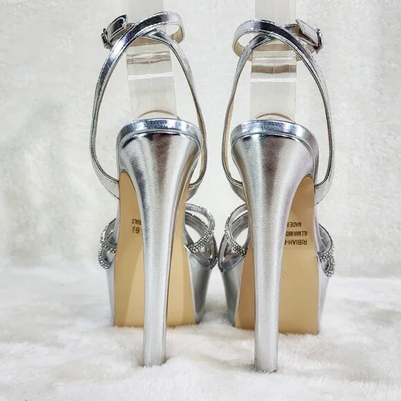 NIB City Nites Silver Platform 6" High Heels Ankle Wrap Shoes Sparkling Rhinest - Picture 9 of 10